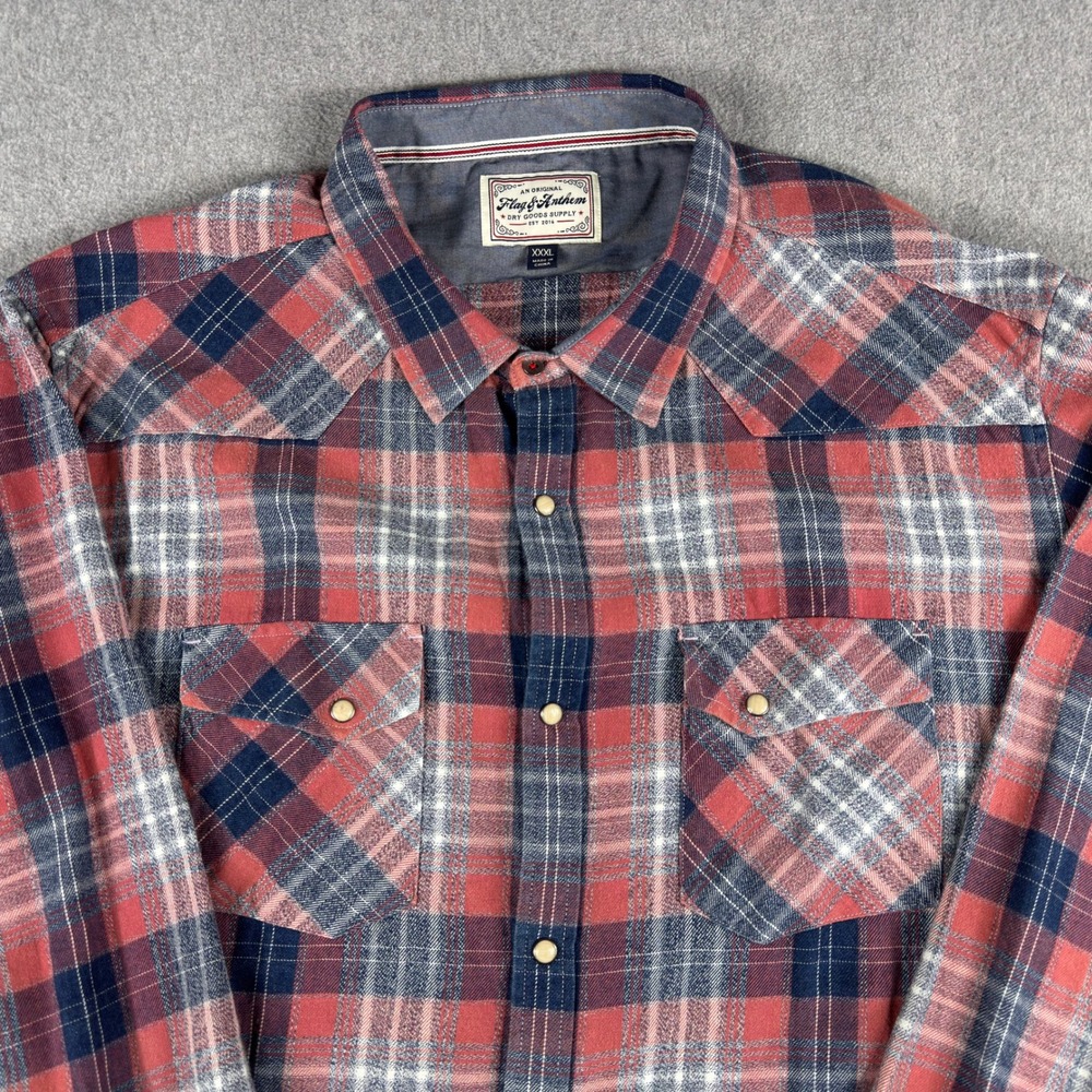 Flag & Anthem Shirt Men's 3XL Red Plaid Double Pocket Cotton Flannel